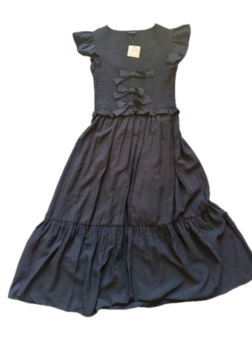 Blu Pepper NWT Black Smocked Bow Front Midi Dress Size M